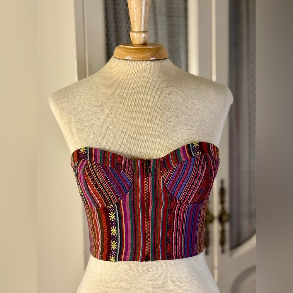 90’s Boho Colorful Striped Weave Sweetheart Neckline Front Zipper Bustier